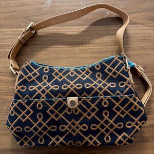 Spartina 449 Navy Embroidered Linen Leather Shoulder Bag